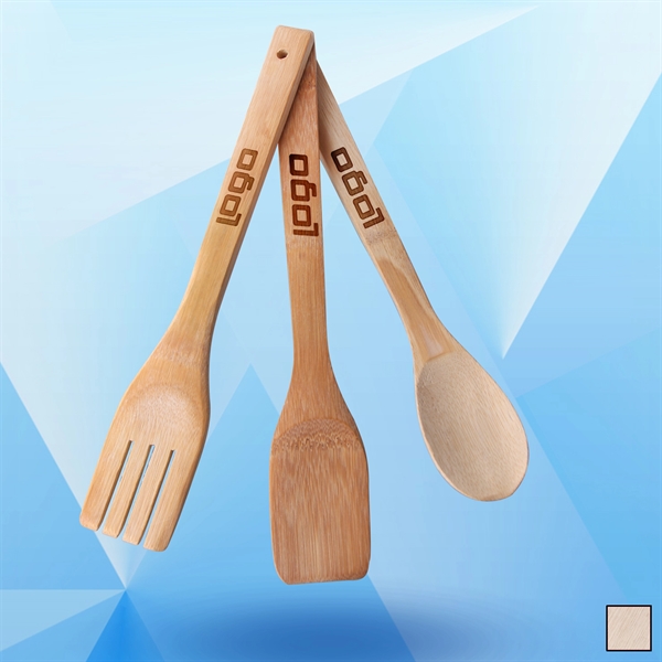 3pcs Kitchen Tool Set- Bamboo Wood Spoon, Spork, & Spatula - Image 1