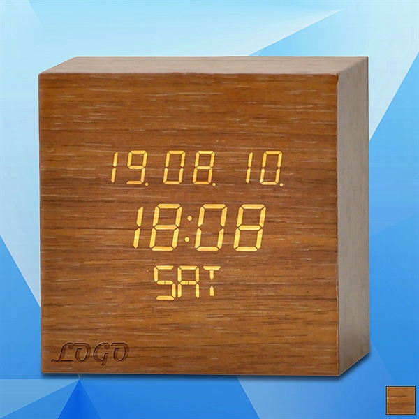 Wooden Adjustable Brightness Digital Clock w/ Calendar - Image 1
