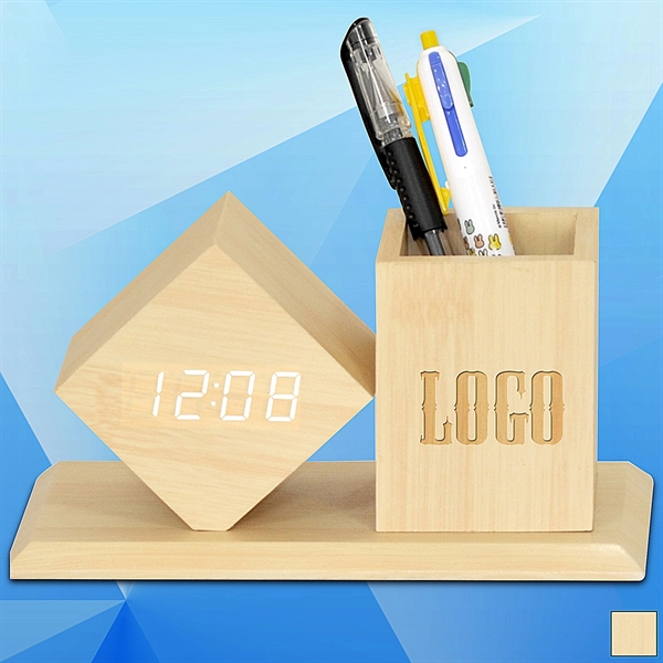 Wooden Digital Desk Clock w/ Pen Holder - Image 1