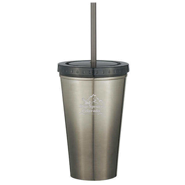 16 Oz. Stainless Steel Double Wall Chroma Tumbler With Straw - Image 6