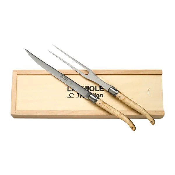 Laguiole Carving Knife & Fork Set in Pinewood Gift Box - Image 1