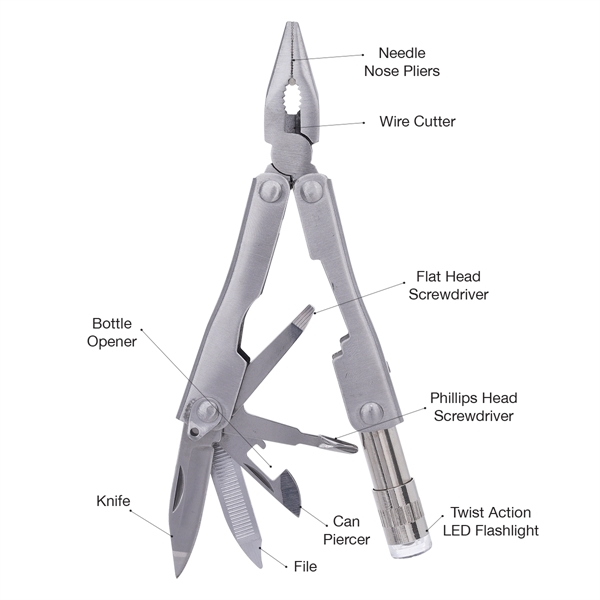 Metal Multi-Function Pliers With Tools & Flashlight In Case - Image 3