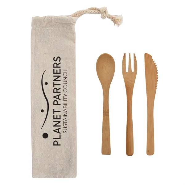 3 Piece Bamboo Utensil Set In Travel Pouch - Image 2
