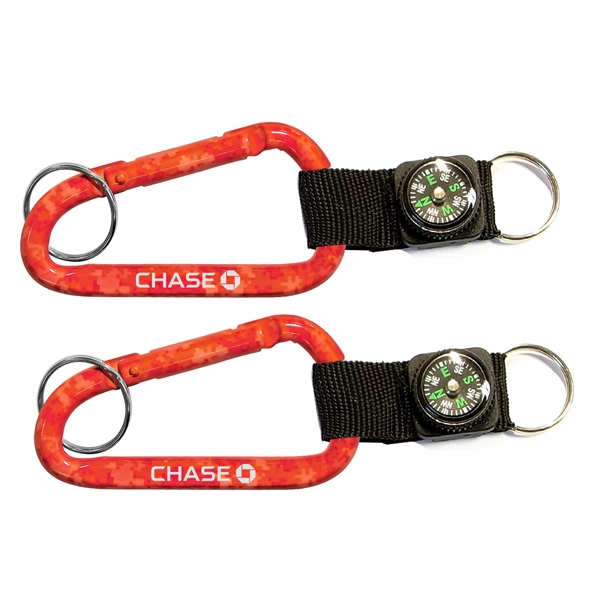 Red Camouflage Carabiner with Compass w/ Split Ring - Image 1