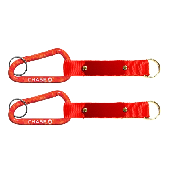 Red Carabiner with Strap and Metal Plate and Split Ring