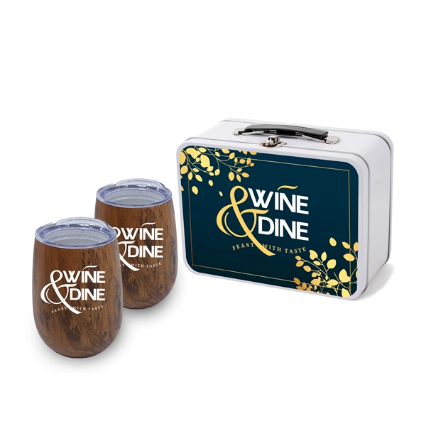 Retro Lunchbox + Double 10oz Stemless Wood Tone Wine Glass - Image 1