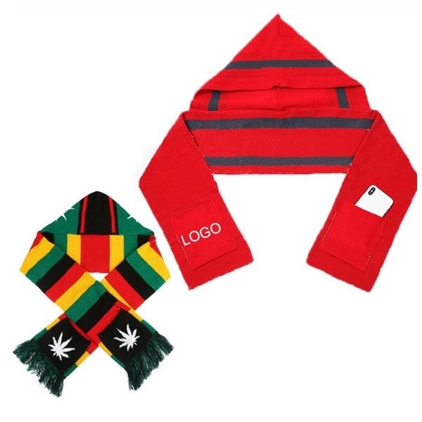 Football Team Knit Scarf Connected With Cap With A Pouch