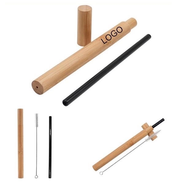 Reusable Glass Straw With Bamboo Case And Clear Brush - Image 1