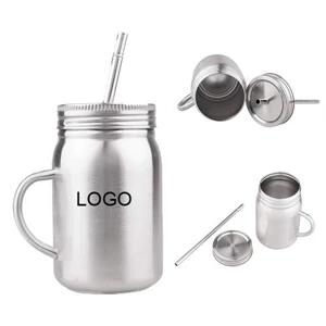 Stainless Steel Mason Jar with Lid and Straw 