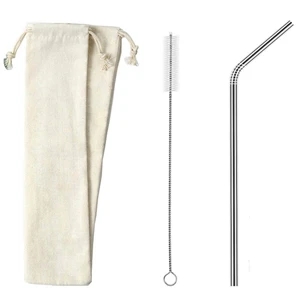 Bent Stainless Steel Straw with Pouch Brush