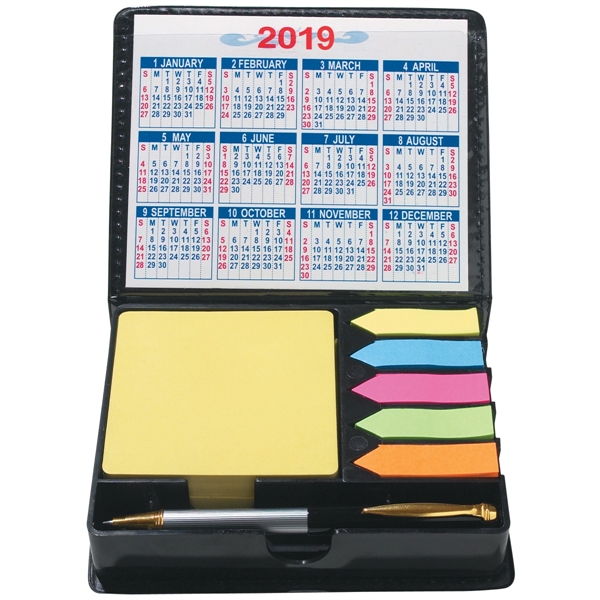 Square Leather Look Case of Sticky Notes with Calendar & Pen - Image 4