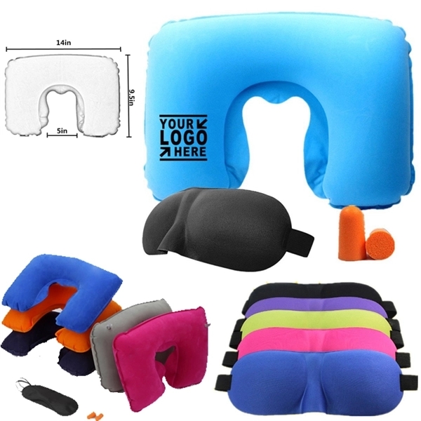 U Shape Inflatable Neck Pillow with 3D Sleep Mask and Earplu