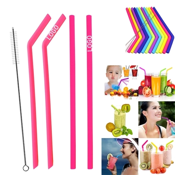 1/4" Dia Reusable Silicone Straw with One Cleaner - Image 1