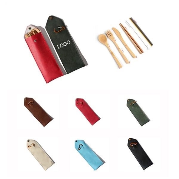 Portable Bamboo Cutlery Travel Eco-friendly Leather bag Set  - Image 1