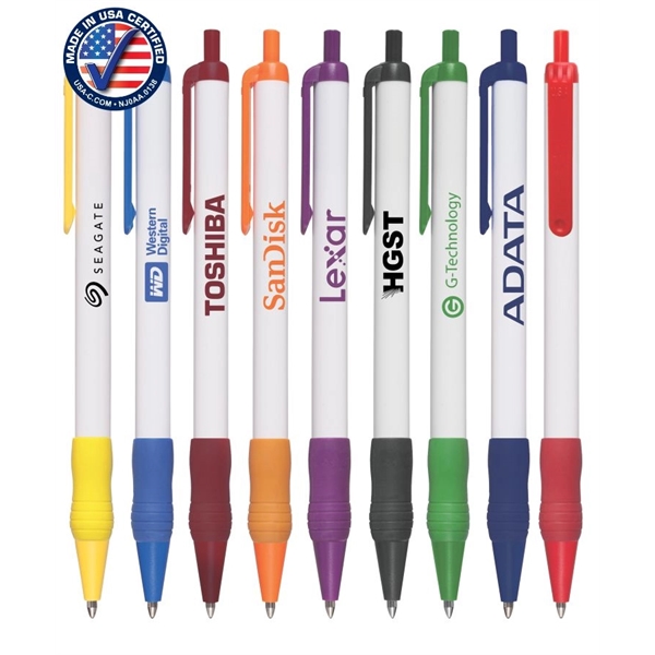 USA made White Barrel Click Pen w/ Rubber Grip