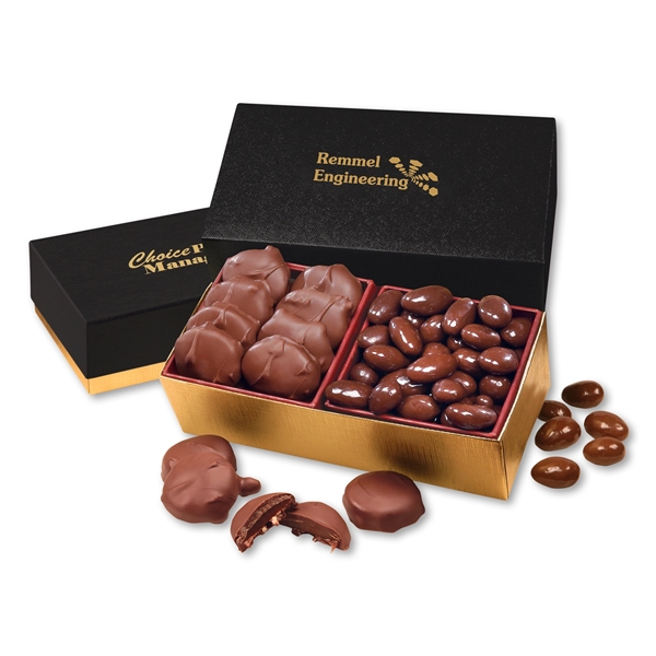 Pecan Turtles & Chocolate Almonds in Black & Gold Box - Image 1