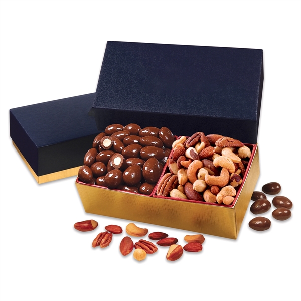 Chocolate Almonds & Deluxe Mixed Nuts in Navy & Gold Box - Image 2