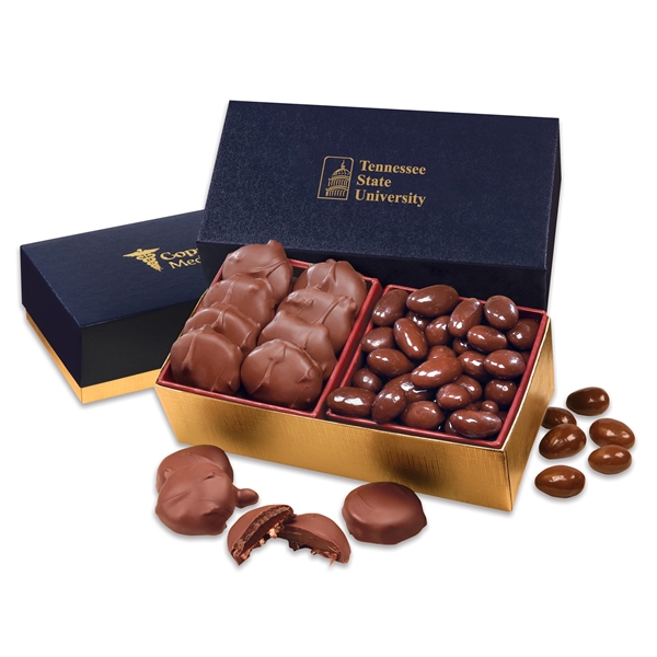 Pecan Turtles & Chocolate Almonds in Navy & Gold Box - Image 1