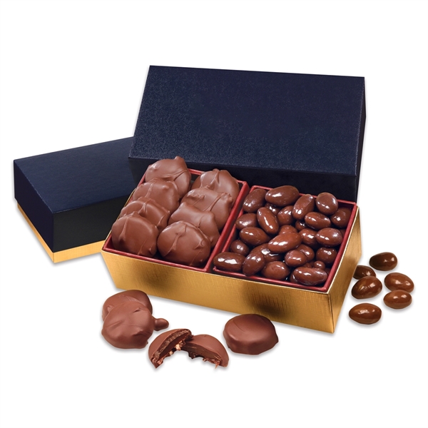 Pecan Turtles & Chocolate Almonds in Navy & Gold Box - Image 2
