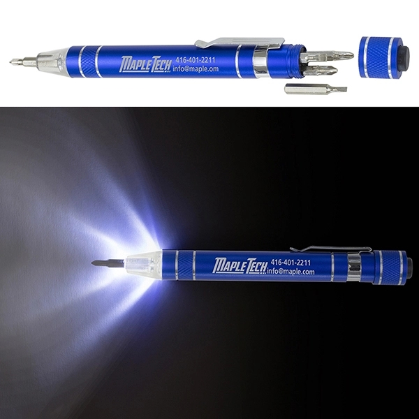 6 Bit Metal Pen Style Toolkit with Lighted Tip and Clip - Image 1