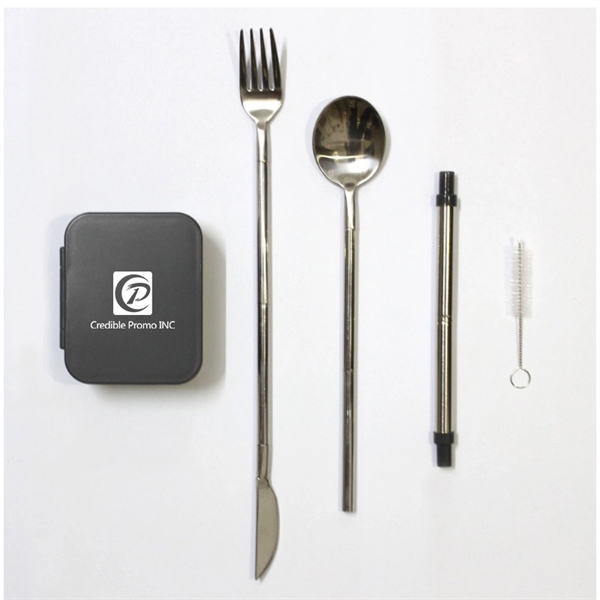 Portable Reusable Cutlery Set With Straw Spoon Knife Fork - Image 1