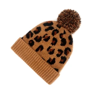 Leopard Fur Pom Beanie Hat