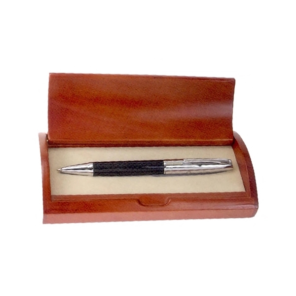 Executive Carbon Fiber/Chrome Ball Pen in Curved Wooden Box