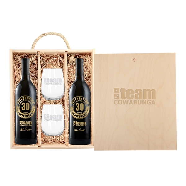 Engraved Triple Wood Box with Custom Etched Wines and Glasse