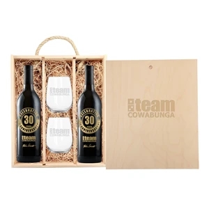 Engraved Triple Wood Box with Custom Etched Wines and Glasse