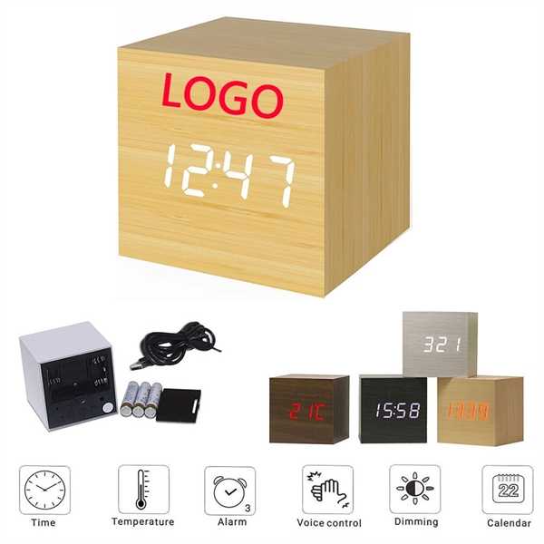 Cube Wood Style Digital Alarm Clock - Image 1
