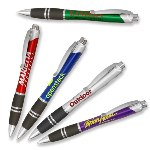 Silver Accent Plastic Pens w/ Rubber Grips & Colorful barrel