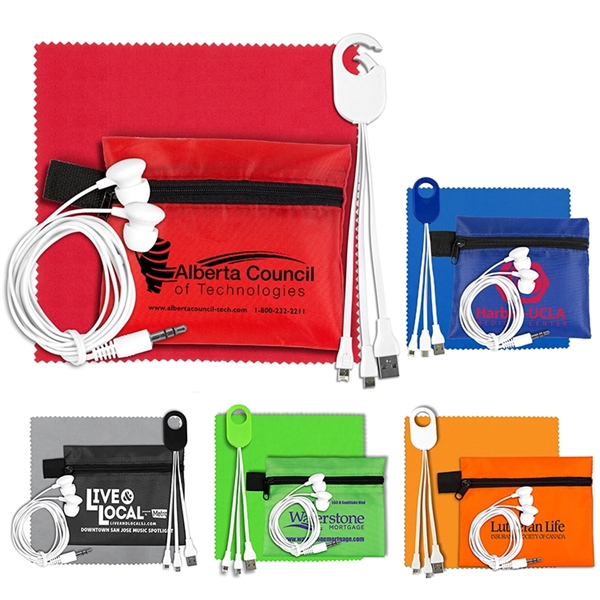 Mobile Tech Charging Cables and Earbud Kit in Zipper Pouch - Image 1