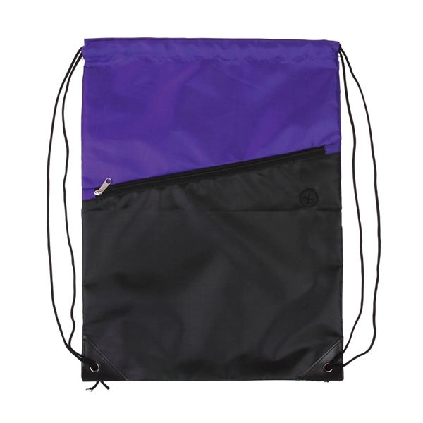 Two-Tone Poly Drawstring Backpack with Zipper - Image 10