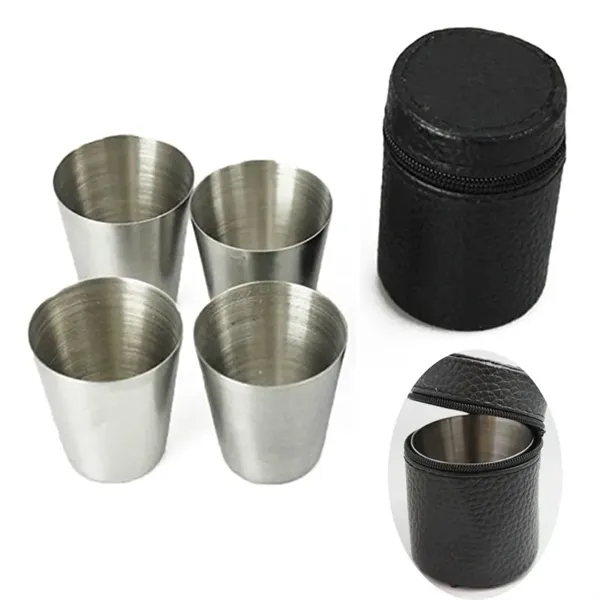 Set of 4 Stainless Steel Shot Cups with Leather Case 