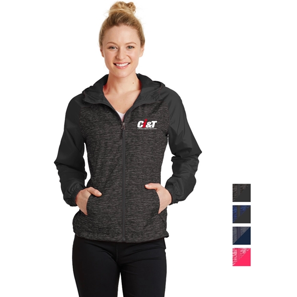 Sport-Tek® Ladies Heather Colorblock Hooded Wind Jacket - Image 1