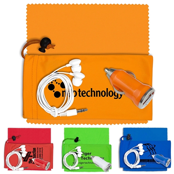 Mobile Tech Earbud Kit with Car Charger in Cinch Pouch - Image 1
