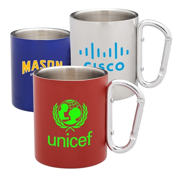 10 oz Stainless Steel Coffee Mugs w/ Custom Logo & Carabiner