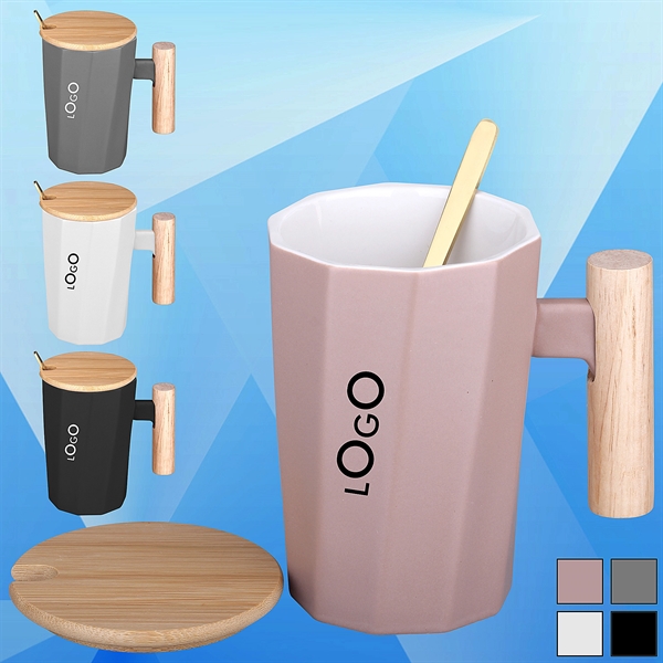 12 Oz.Ceramic Coffee Cup w/ Spoon and Wooden Cover - Image 1