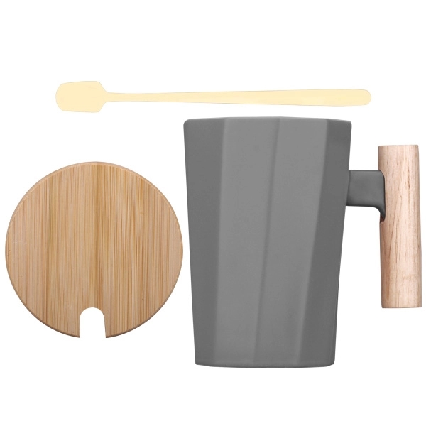 12 Oz.Ceramic Coffee Cup w/ Spoon and Wooden Cover - Image 2