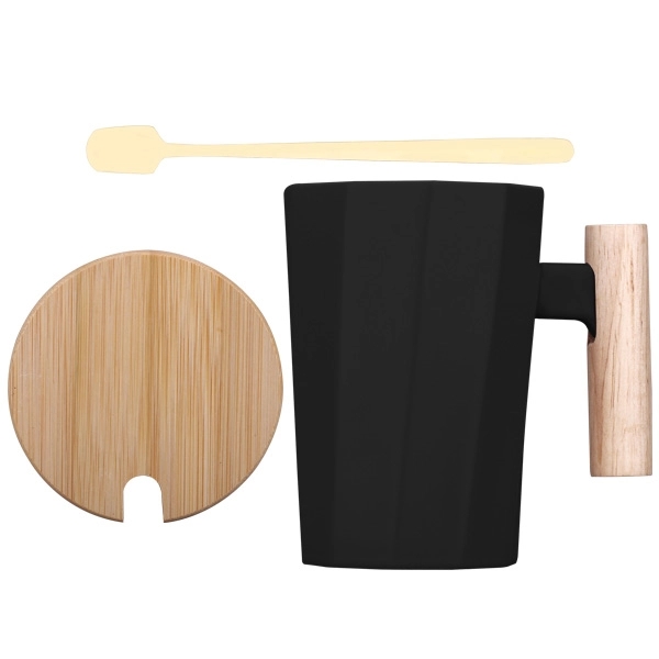 12 Oz.Ceramic Coffee Cup w/ Spoon and Wooden Cover - Image 3