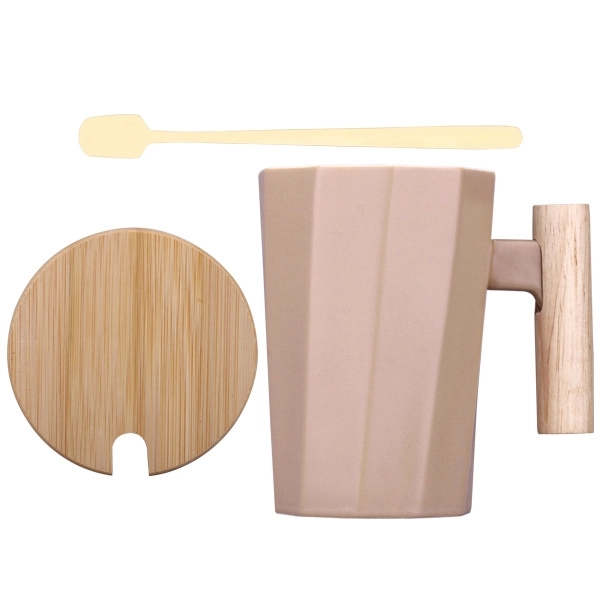 12 Oz.Ceramic Coffee Cup w/ Spoon and Wooden Cover - Image 4