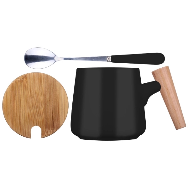 12 Oz. Ceramic Coffee Cup w/ Spoon and Wooden Cover - Image 2