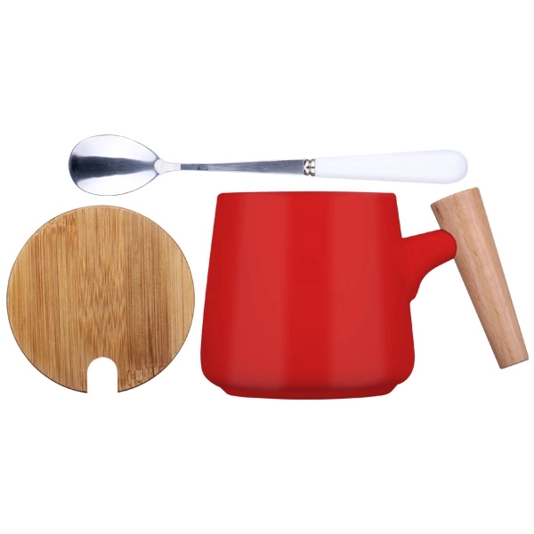 12 Oz. Ceramic Coffee Cup w/ Spoon and Wooden Cover - Image 3