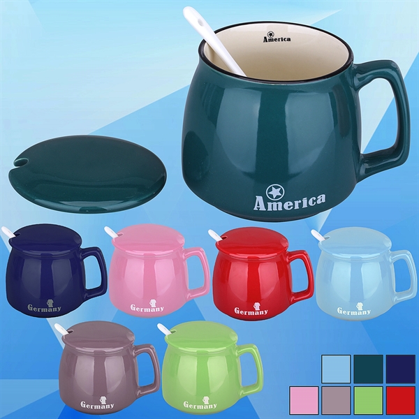 11 Oz. Ceramic Mug Coffee Cup w/ Spoon and Cover - Image 1