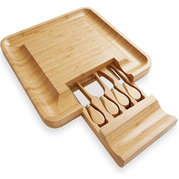 Bamboo Cheese Board& Cutlery Set with Slide-Out Drawer - Image 2