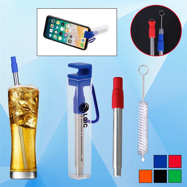 Stainless Steel Reusable Straw w/ Brush and Phone Holder - Image 1