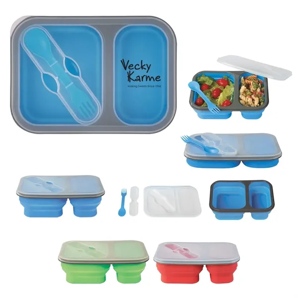 Collapsible 2-Section Food Container with Dual Utensil - Image 1