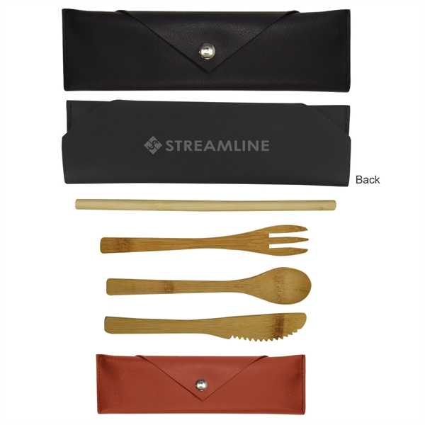 3 Piece Bamboo Utensil Set In Leatherette Pouch - Image 1