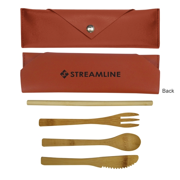 3 Piece Bamboo Utensil Set In Leatherette Pouch - Image 2