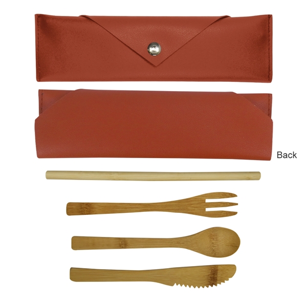 3 Piece Bamboo Utensil Set In Leatherette Pouch - Image 3